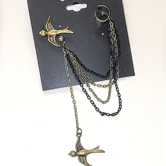 🦋 DOVE SINGLE EARRING WITH EAR CUFF & CHAINS - 4" LONG - Picture 2 of 6